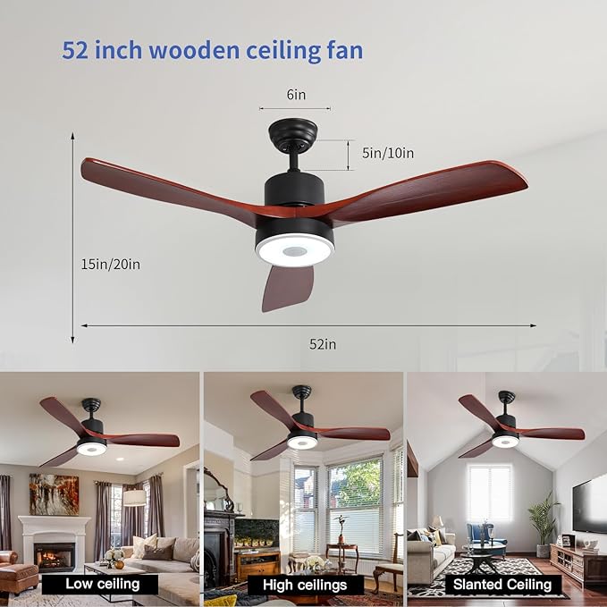 52 Inch Wood Ceiling Fan with RGB Dimming LED Light,with Music Bluetooth Speaker,Remote Control,3-Speed Regulation, Reversible Motor,Timing,for Living Room,Bedroom,Restaurant,Outdoor