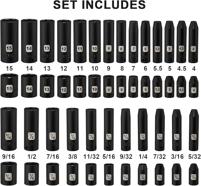 Mayouko 50PCS 1/4 Inch Drive Master Impact Socket Set,Metric/SAE,Deep/Shallow,6 Point,CR-V, 5/32 Inch - 9/16 Inch, 4mm - 15mm