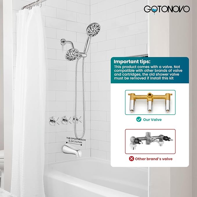 gotonovo 3 Handle Tub Shower Faucet Set, Dual Shower Head and Handle Set, Bathtub and Shower Faucet Combo,Shower System with Tub Spout,Wall Mount Tub Shower Trim Kit Polished Chrome