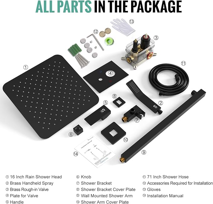 SR SUN RISE Matte Black Square Rainfall Shower Head and Handle Set, Wall Mounted Shower Fixtures, Metal Shower Faucet Trim Repair Kits (With Shower Valve) 16 Inches