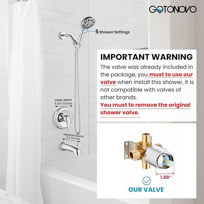 gotonovo Bathroom Shower Head Kit High Pressure Combo System Shower Faucet 6 Modes ABS Handheld Spray Shower Trim Kit Valve Included Shower Head and Handle Set Polished Chrome