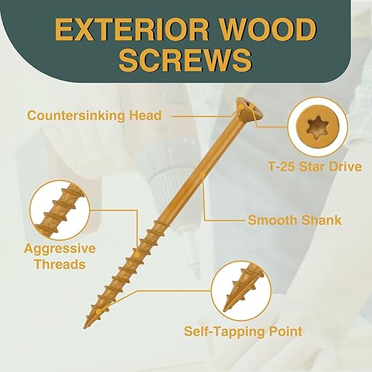 T.K.Excellent Deck Screws 3 Inch Wood Screws #10 x 3, 315 Pcs, Rust Resistant Structural Screws Tan Exterior Fence Screws Torx Drive Screw, Two T25 Bits, Brilliant Yellow Ruspert Coating Rust Proof