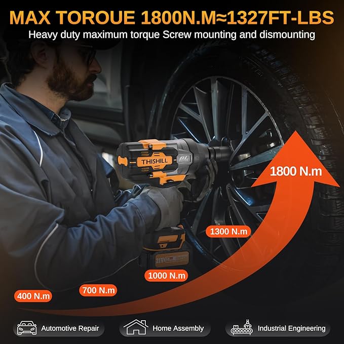 This Hill 3/4 inch Cordless Impact Wrench 1/2",1328Ft-lbs(1800Nm),21V Brushless lmpact Driver Set,2x 4.0Ah Battery,High Torque Power Impact Gun for Agricultural Machinery Truck