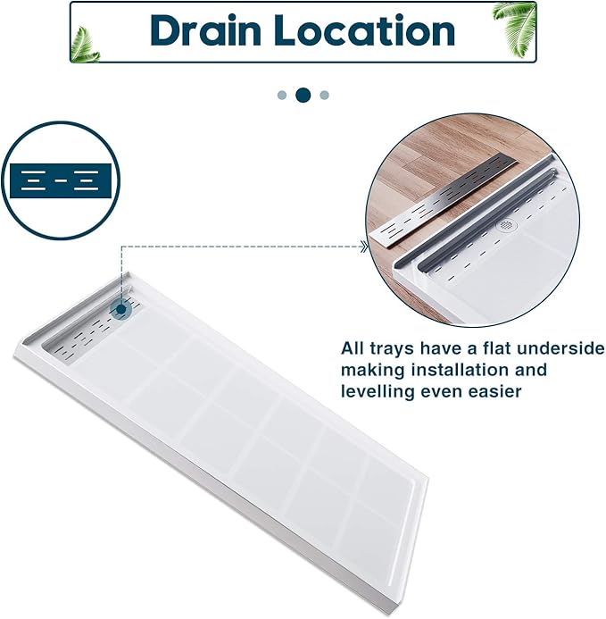 ELEGANT 60'' L x 32'' W x 4'' H Shower Base with 304 Left Trench Stainless Steel Drain Solid Surface Shower Pan White Including Drain Cover