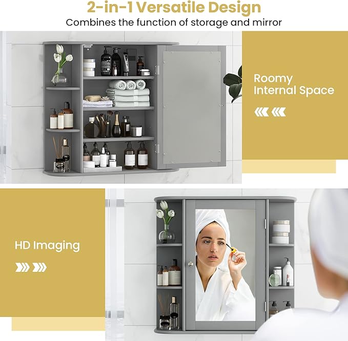 Tangkula Bathroom Medicine Cabinet with Mirror, Wall Mounted Home Storage with Door & 6 Open Shelves, Adjustable Shelves, Mirrored Bathroom Wall Cabinet (Gray)