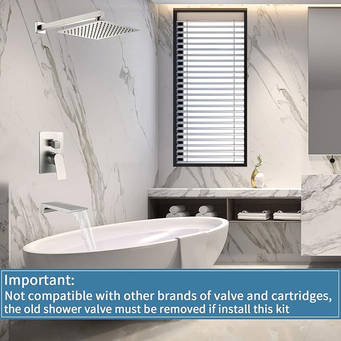 Shower Faucet Set with Tub Spout Waterfall Tub and Shower Trim Kit with Rough in Valve Shower Tub Faucet Set Wall Mounted Brushed Nickel 33010BN