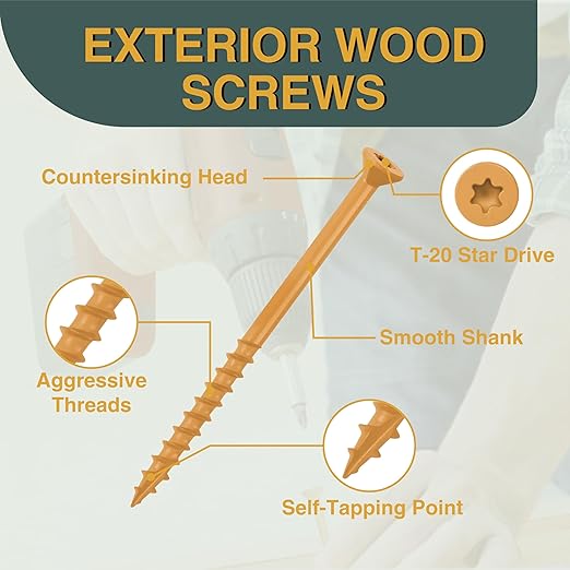 T.K.Excellent Deck Screws 3-1/2 Inch Wood Screws #10 x 3-1/2, 330 Pcs, Rust Resistant Structural Fence Screws Torx Drive Screw, Two T25 Bits, Brilliant Yellow Ruspert Coating Rust Proof