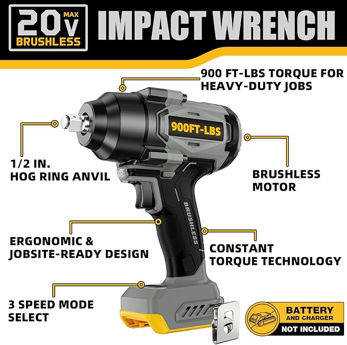 900Ft-lbs(1200N.m) Cordless Impact Wrench 1/2” Brushless, Compatible with DeWAL 20V MAX Batteries, 3-Speed High Torque, Constant Torque Technology, Tool Only-Battery and Charger Not Included