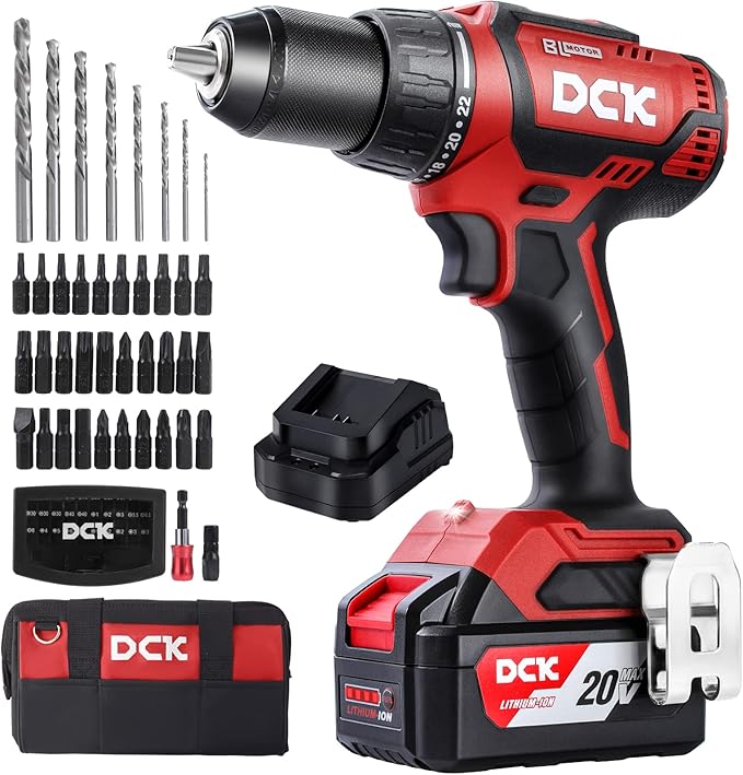 DCK Brushless Cordless Drill Set, 20V Max Electric Drill with 4.0Ah Battery 531in.lbs, 1/2Inch Keyless All-Metal Chuck, 2 Variable Speeds, Power Drill Kit for Screw Wood/Ceramic/Tile/Steel KDJZ04-13