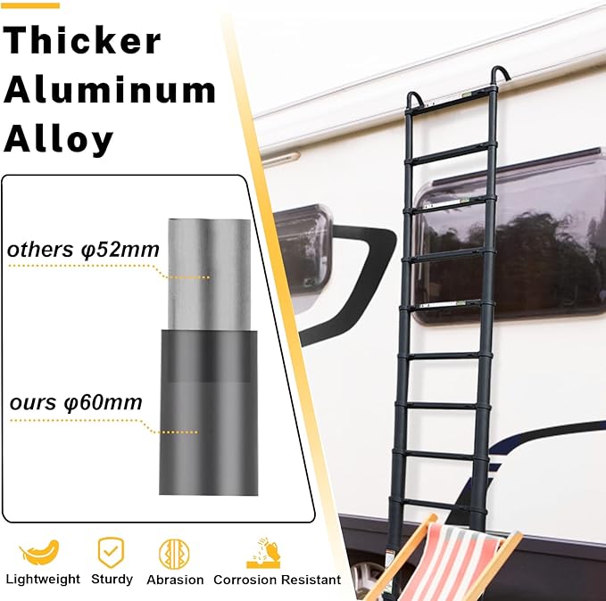 Telescopic Ladder, 8.5FT RIKADE Aluminum Telescoping Ladder with Non-Slip Feet and Stable Hook, Portable Extension Ladder for Household and Outdoor Working, 330lb Capacity Black