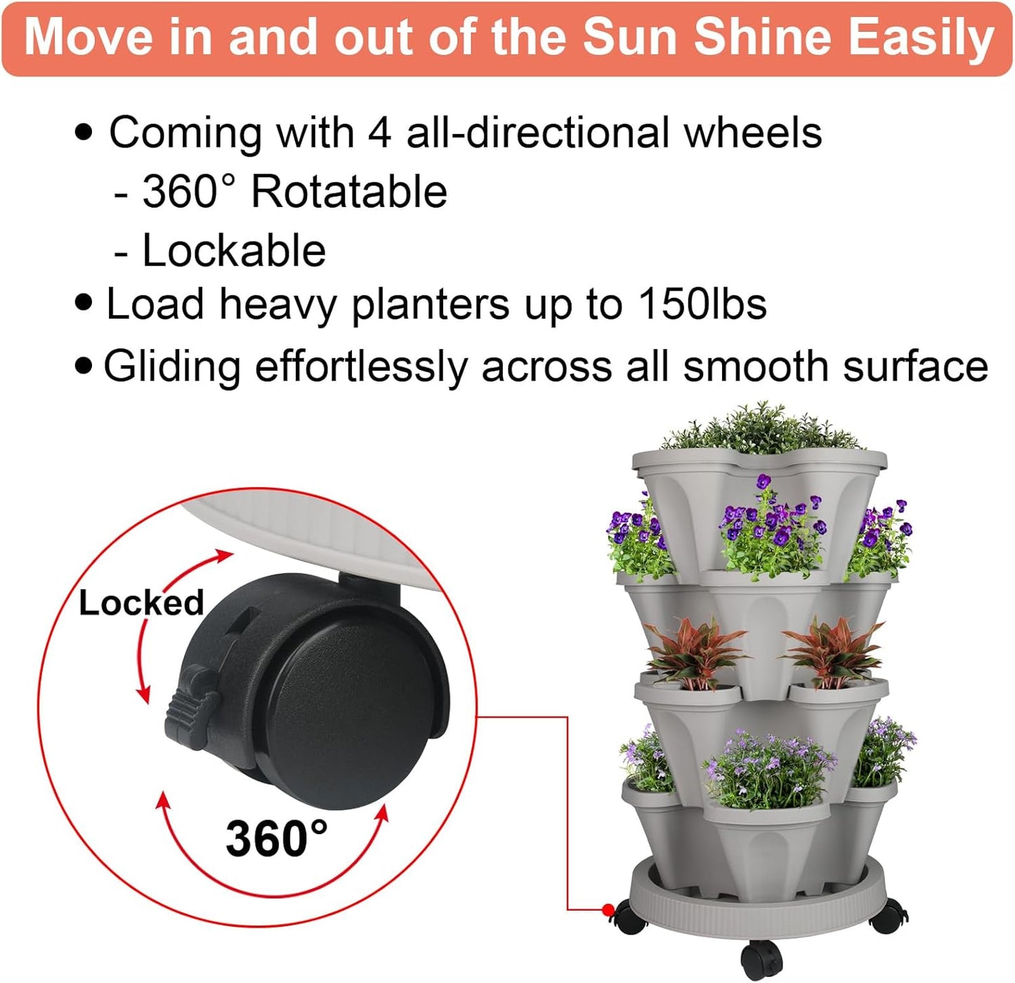 Vertical Planter 4 Tier Stackable Planters Garden Planters Strawberry Herb Flower and Vegetable Planter Indoor Outdoor Gardening Pots with Removable Wheels and Tools