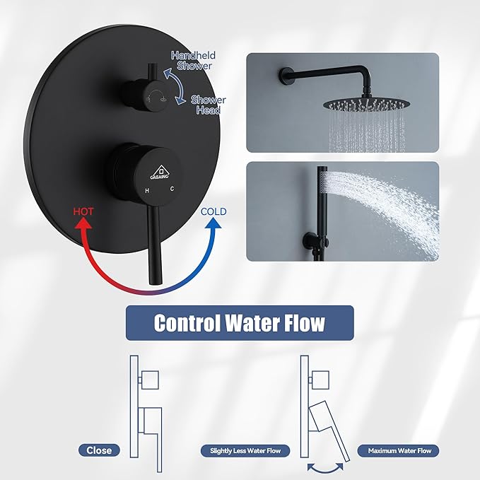 CASAINC Shower Valve and Trim Kit, 10 Inch Round 2 Functions Rain Shower Head with Handheld Spray Wall Mounted Shower System (Matte Black)