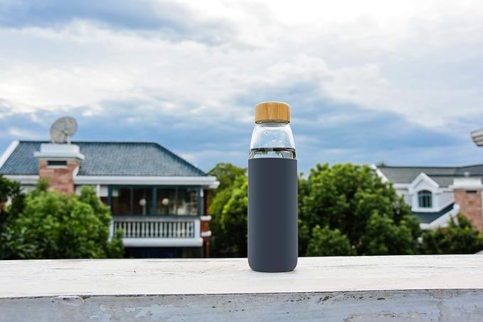 veegoal Glass Water Bottles 18 Oz Borosilicate with Bamboo Lid, BPA-FREE, Non-Slip Silicone Sleeve, and Stainless Steel Leak Proof Lid - Glass Water Bottle for Men and Women