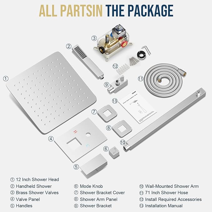 Shower Faucet Set Bathroom Square Rain Shower Head and Handle Set, Wall Mounted Shower Fixtures, Full Metal Trim Repair Kit 12 inch Polished Chrome (With Shower Valve)