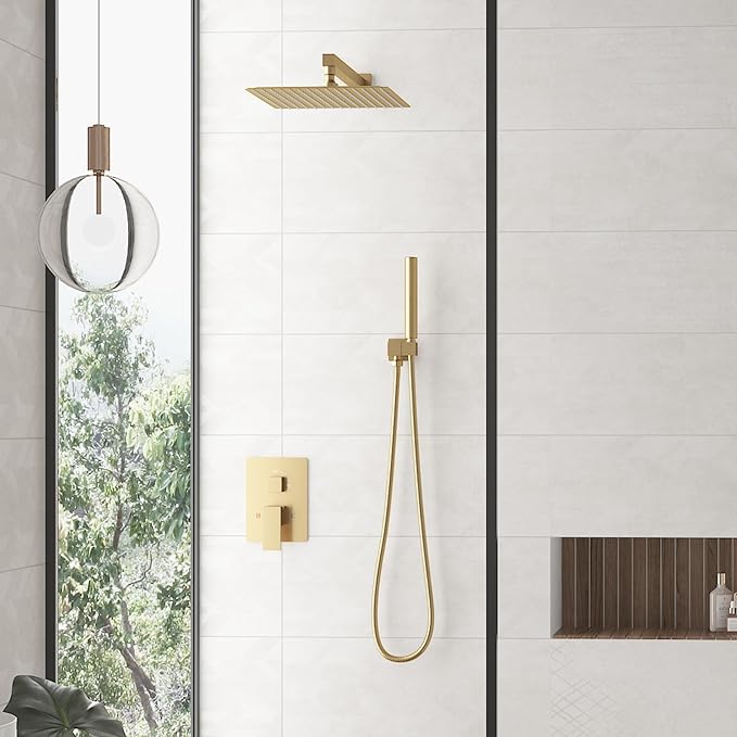 Hoimpro Shower System Set with 12 Inch Bathroom Rain Mixer Shower Head and Handheld Wall Mounted, Rainfall Shower Faucet Fixture Combo with High Pressure 2 in 1 Handheld Showerhead, Brushed Gold
