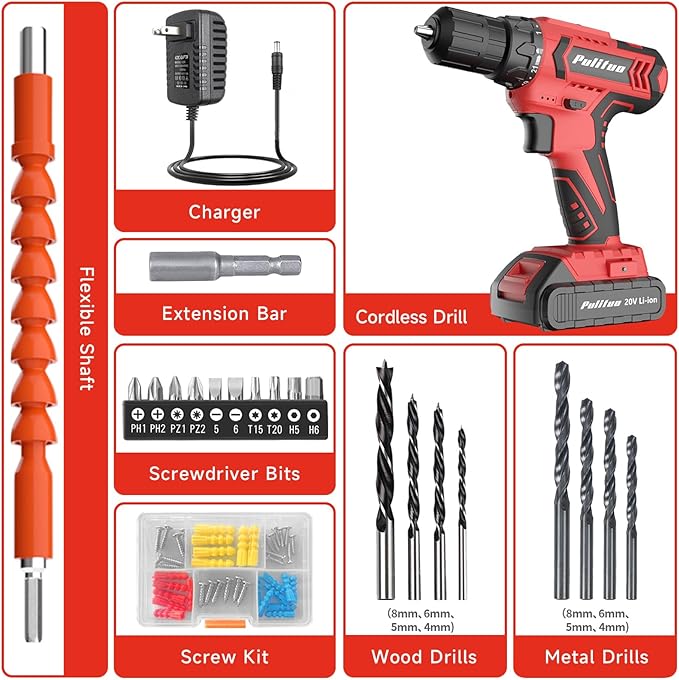 PULITUO Cordless Drill Set, 20V Electric Power Drill with Battery And Charger, 30N.m and 21+1 Torque, 2 Variable Speeds, with 59pcs Drill Driver Bits Kit, Screws Set,(Red)