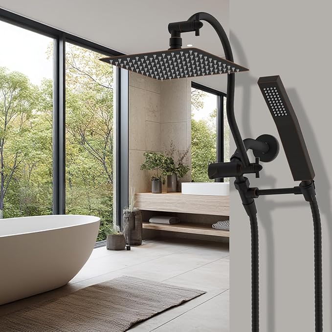 Hibbent All Metal Shower Head, 8'' High Pressure Rainfall Shower Head, Showerhead Combo, Handheld Shower Wand, 12'' Adjustable Curved Extension Arm, 71'' Hose, Shower Head Holder, Oil Rubbed Bronze