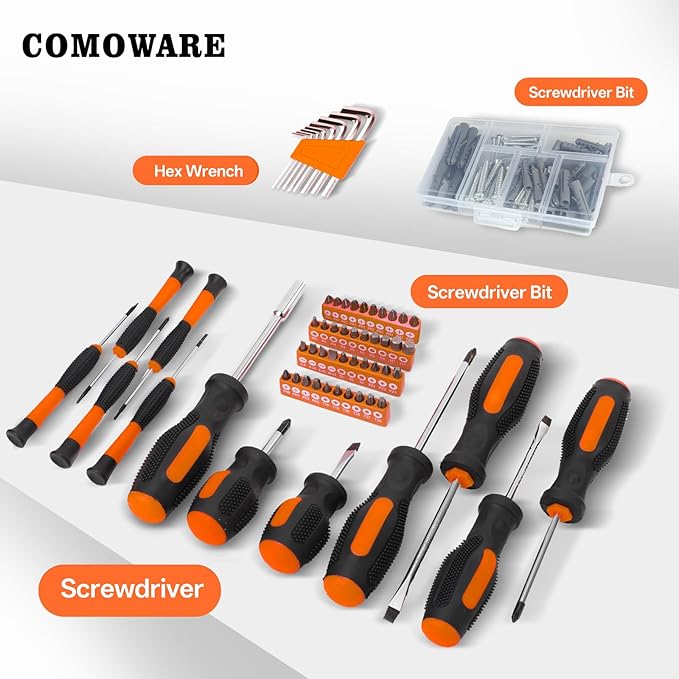 COMOWARE 218 Pcs Home Tool Kit - Basic Household Hand Tool Set, Truck Tool Kit Socket Wrench Combination Tool Set for Home with Plastic Toolbox Storage Case, Rv tool set,Orange