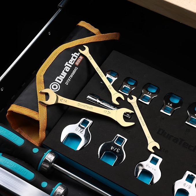 DURATECH Super-Thin Open End Wrench Set, Metric, 8-Piece, 5.5mm to 27 mm, Titanium Plating, Slim Spanner Set with Rolling Pouch