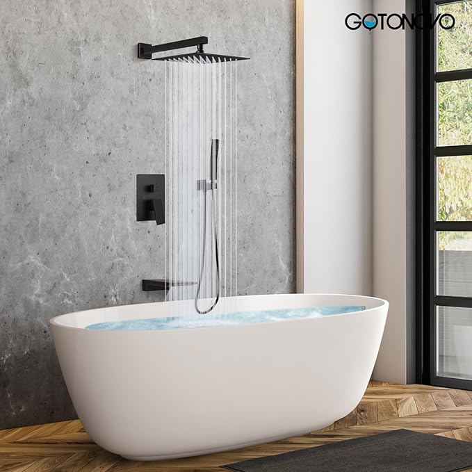 gotonovo Shower System with Tub Spout,Waterfall Tub Shower Faucet Set for Bathroom Head and Handle Set Wall Mounted 3 Function Rough-in Valve and Trim Included 10 inch Shower Head Oil Rubbed Bronze