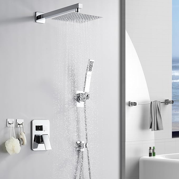 Chrome Shower System 8 Inch, Rain Shower Head with Handheld Spray, Luxury Rain Shower Set Square Wall Mount for Bathroom with Rain Shower and Handheld Shower System