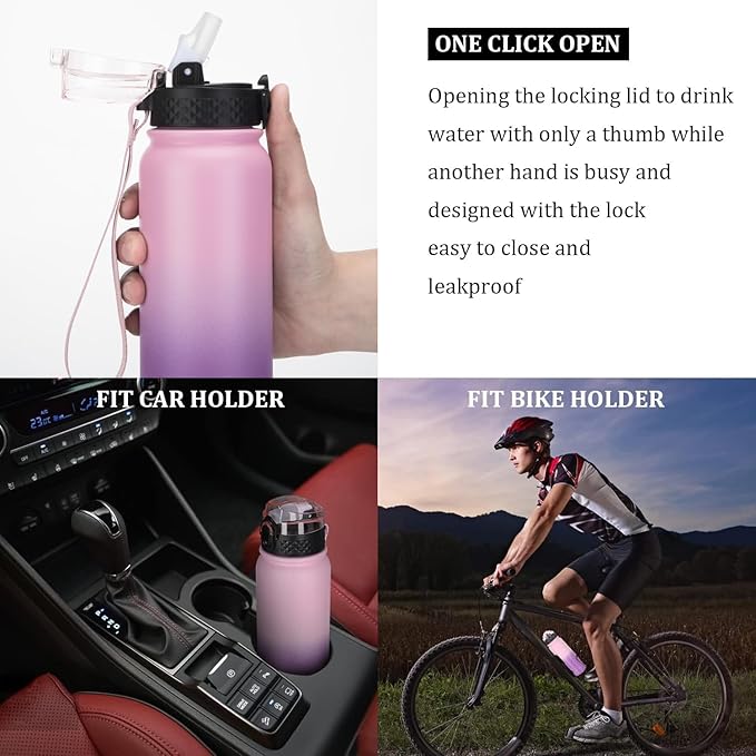 GOPPUS 20 oz Kids Water Bottle with Straw Wide Mouth Lid Double Walled Insulated Stainless Steel Water Bottles with Strap Handle Stickers for Boys Girls School (Pink Purple 1 Lid)