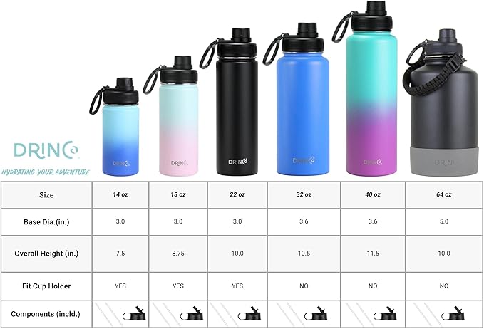 DRINCO Stainless Steel Water Bottle Spout Lid Vacuum Insulated Double Wall Water Bottle Wide Mouth (40oz 32oz 22oz 18oz 14oz) Leak Proof Keeps Cold or Hot (32 oz, 32oz Ombre Fuchsia Teal)