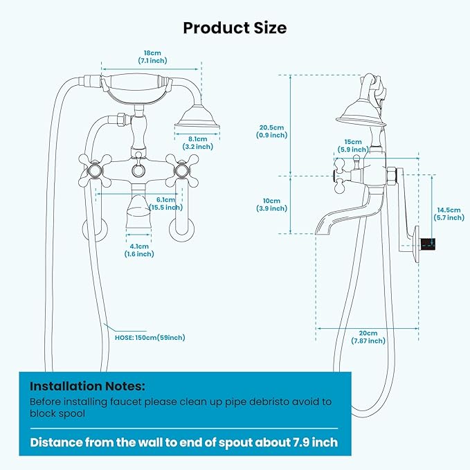 gotonovo Clawfoot Bathtub Faucet Tub Filler with Hand Held Shower Faucet Set Victorian Double Cross Handle 6 Inch Center Adjustable Swing Arms Tub Mount Long Adapter Matte Black