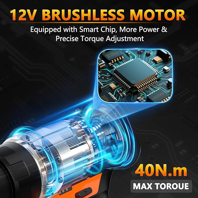 12V Brushless Power Drill, Cordless Drill with LCD Smart Display, 29+1 Torque Setting, 3/8 Inch Keyless Metal Chuck, 2.0Ah Battery, Fast Charger and 18Pcs Bits Included(Orange)