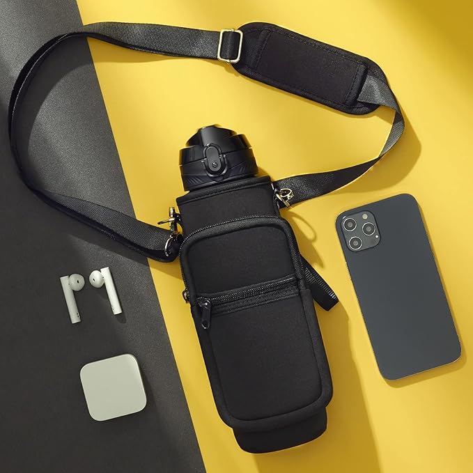 Fimibuke 32 oz Water Bottle with Sleeve - BPA Free Leakproof Sport Large 1L Plastic Motivational Water Bottle with Straw Strap & Insulated Neoprene Holder Carrier Bag Great Xmas Gift for Women Men