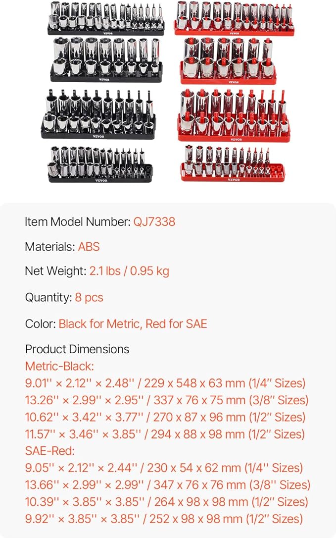 VEVOR Socket Organizer Set, 8PCS High-Rod Socket Holder, 1/4'', 3/8'' & 1/2'' Metric SAE Socket Trays with Clear Labels, Hold up to 176PCS Standard & Deep Sockets, Black & Red (Socket Not Included)