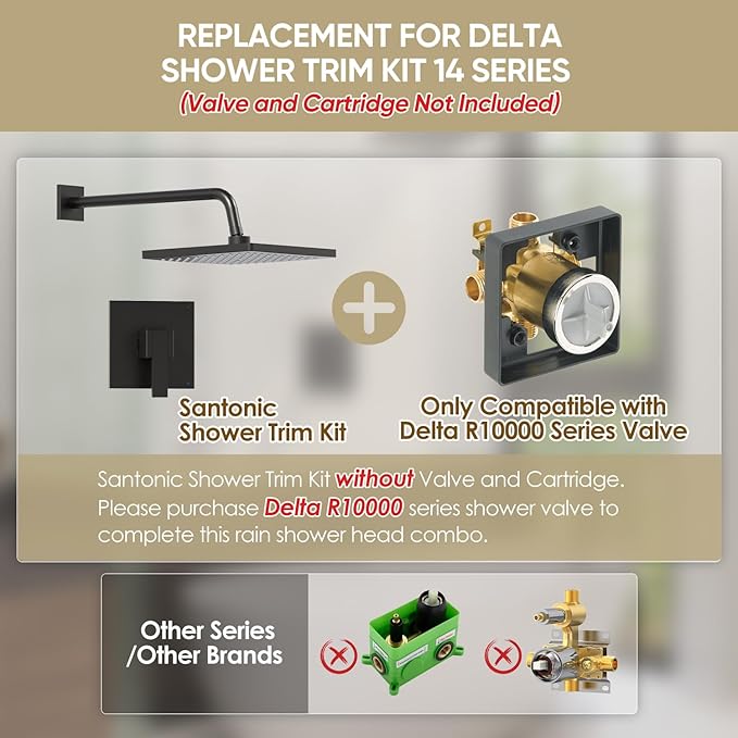 Replacement for Delta Faucet Shower Trim Kit 14 Series, Bathroom Shower Faucet Set with 10-Inch Matte Black Shower Head, 16-Inch Shower Arm Combo(Valve/Cartridge Not Included)
