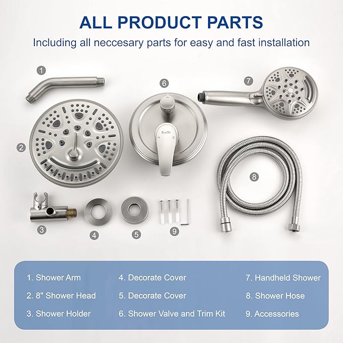 SHAMANDA 15-Function Shower System with Valve and Trim, Bathroom Luxury Shower Faucets Sets Complete with 9 Setting Handheld showerhead & 6 Setting Rain Shower, Wall mounted, Brushed Nickel, L8082-2