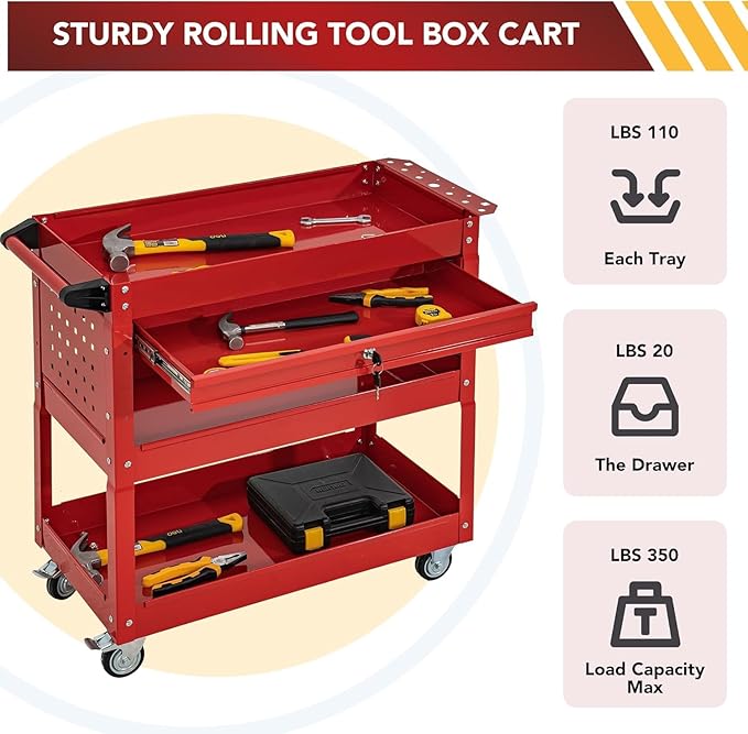 3 Tier Rolling Tool Cart with Wheels, Tool Box with Drawers Universal Chest Lockable Wheels, Utility Industrial Service Car Adjustable Shelf and Locking Mechanism, for Workshop, Repair Shop (Red)