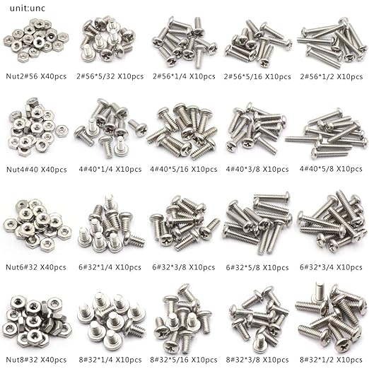 320pcs #2-56#4-40#6-32#8-32 UNC Stainless Steel Phillips Pan Head Machine Screws Nuts Assortment Kit