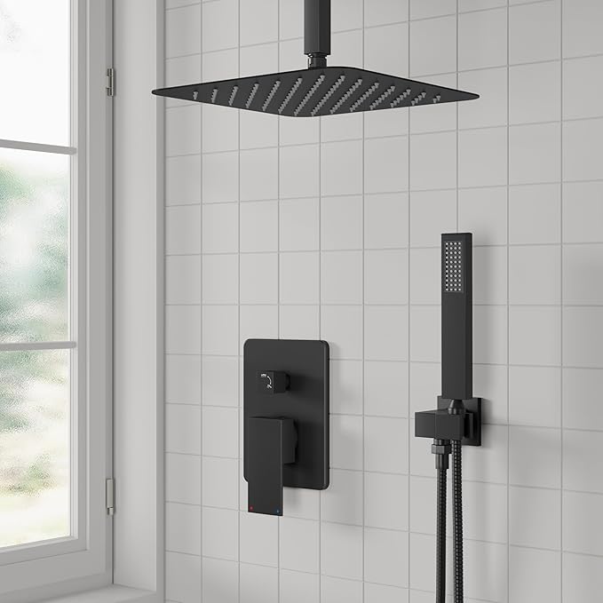ESNBIA Shower System Black, All Metal Ceiling Shower Faucet Set with Pressure Balance Valve Kit,10" Rain Heads with Handheld Spray Combo, Matte Black