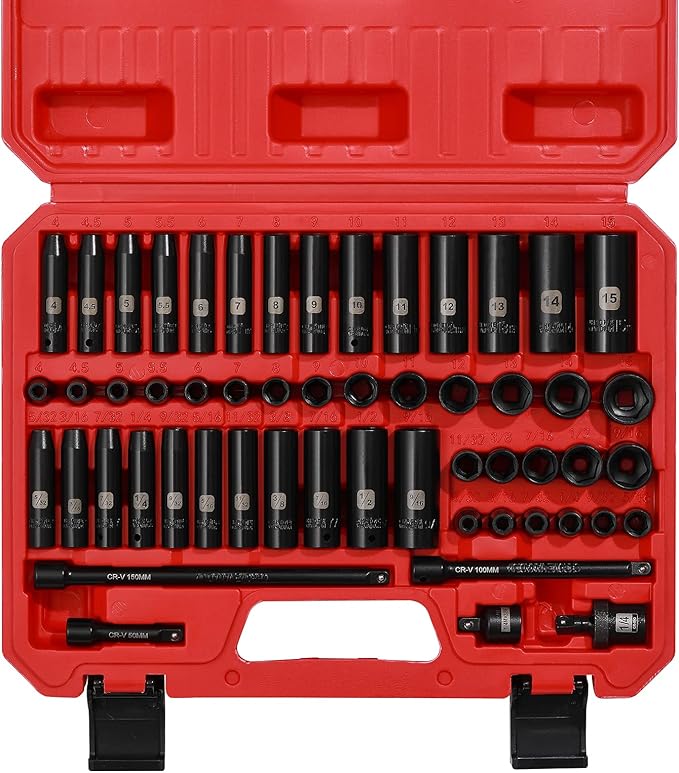 Mayouko 55PCS 1/4 Inch Drive Master Impact Socket Set, Metric/SAE, Deep/Shallow, 6 Point, CR-V, 5/32 Inch - 9/16 Inch, 4mm - 15mm, With Extensions,Adapters,Universal Joint