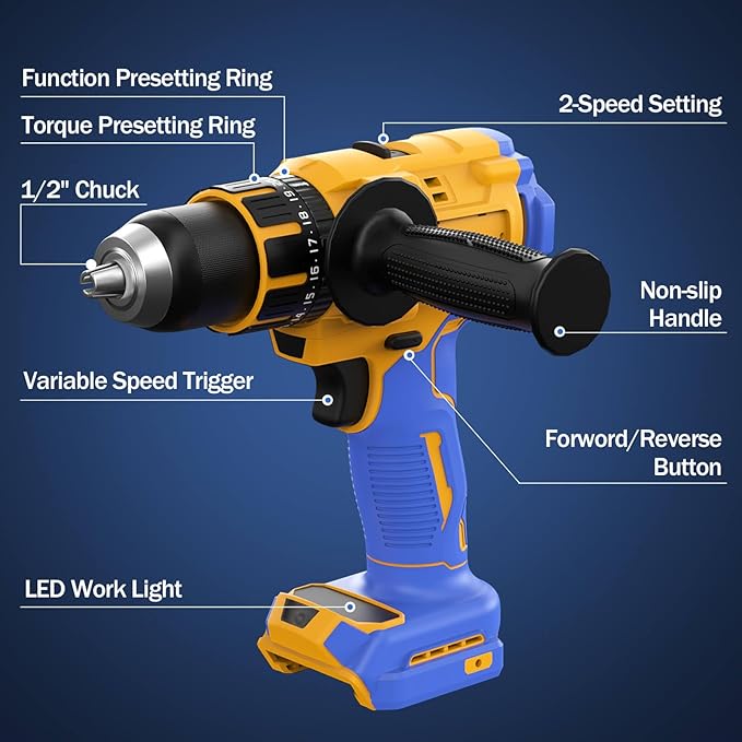 Cordless Hammer Drill Compatible with Dewalt 20V Max Battery (Tool Only) -Brushless Motor, 1/2" Keyless Metal Chuck & LED Light for Drilling Brick, Metal, Wood - Ideal for DIY