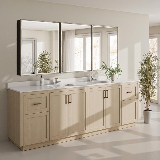 72x30 Brushed Nickel Medicine Cabinet, Recessed or Surface Large Framed Medicine Cabinet with 3 Beveled Mirror Door & Adjustable Shelves, Shatterproof, Pre-Assembled Bathroom Storage Cabinet