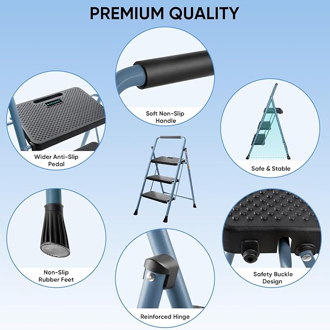 TICONN 3 Step Ladder, Heavy Duty Foldable Step Stool, Portable Steel Folding Stool for Household Garage Storage (Blue)