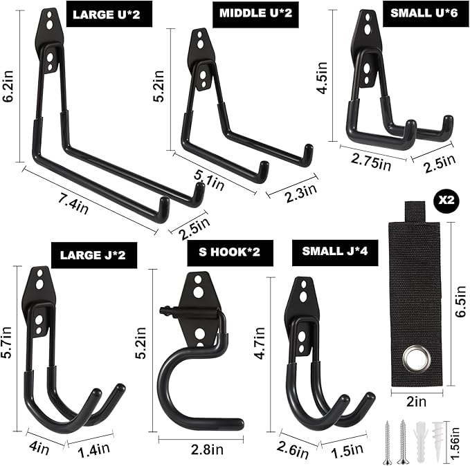 Garage Hook Heavy Duty Wall Storage Hangers, 20 Pack Garage Storage Hooks Steel Tool Black for Ladders, Ropes, Garden Tools