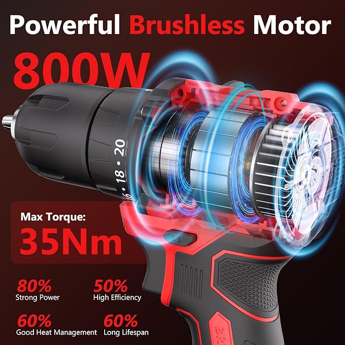 Brushless Cordless Drill Set,12V Power Drill Set with Battery and Charger, Electric Driver/Drill Bits, 3/8'' Keyless Chuck,20+1 Torque Setting, 300 inch-lbs, with LED Electric Drill Set (Red)