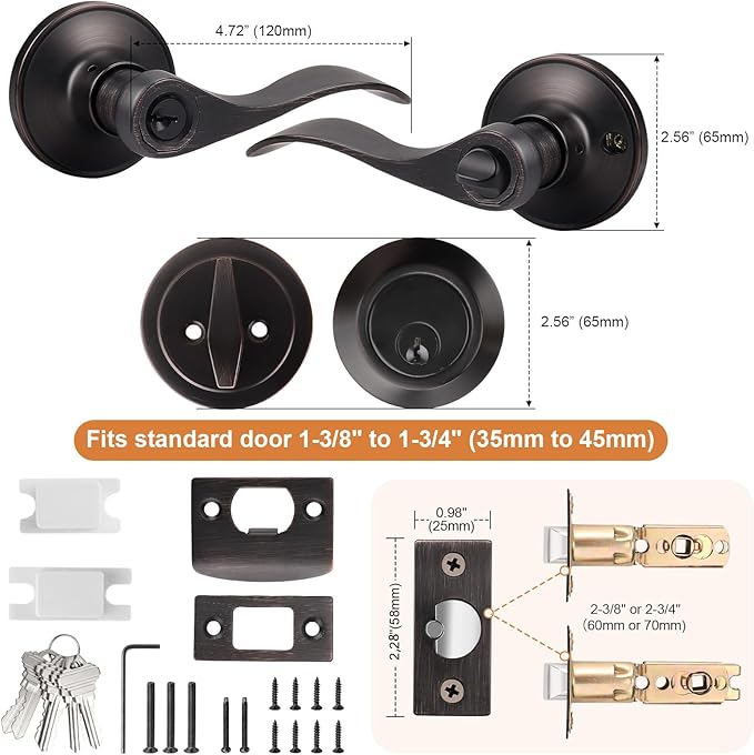 Probrico Oil Rubbed Bronze Exterior Entry Lever and Single Cylinder Deadbolt Combo Pack, Keyed Alike Lockset Handleset for Front Door Entry Lock Set,Drop Shape