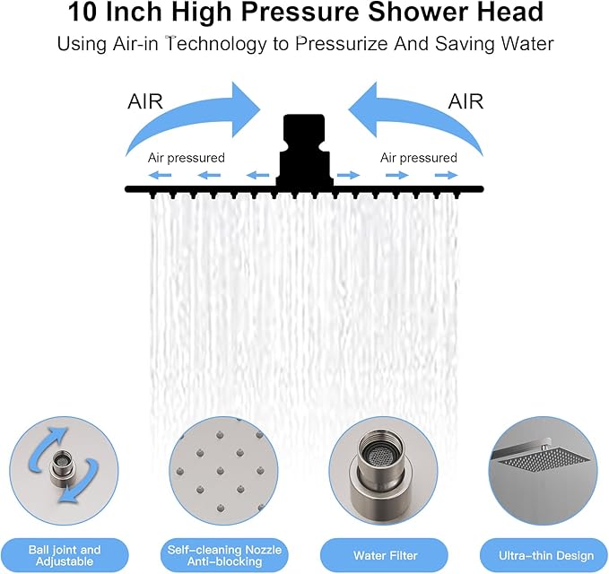 BWE Brushed Nickel Shower System with Body Jets,10 Inch Rain Shower Head,with 6 Body Spray Jets and Handheld Shower,Wall Mounted Shower Faucet Set,Rough-in Mixer Valve and Trim Included