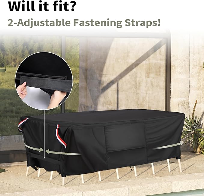 KylinLucky 90"x64" Heavy Duty Waterproof Patio Table Cover - All-Weather UV Protection Outdoor Furniture Cover with Air Vents & Adjustable Straps for Rectangular Dining Set, Black
