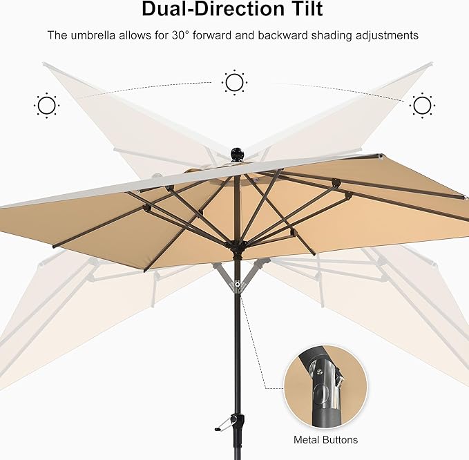 PURPLE LEAF 10' x 6.5' Rectangular Patio Umbrella Outdoor Table Umbrella Aluminum Frame Market Umbrella Sun Umbrella with 8 Sturdy Ribs & Tilt for Garden Deck Lawn & Pool Beige