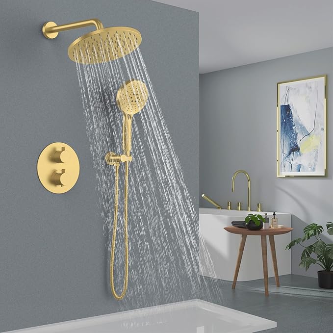 Iriber Thermostatic Shower System Wall Mount with 10 Inch Roud Rainfall Shower Head and Handheld,Shower Faucet Mixer Trim Kit (Valve Included),Brushed Gold