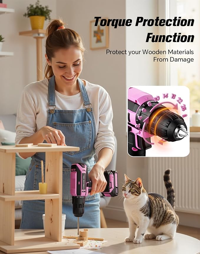 Pink Cordless Drill Set, 20V Max PowerDrill for Women, Lightweight ElectricDrill with Dual Power Pack and Charger, 25 Position and 56 Pcs Accessoires, Womens Drill Tools Kit for House