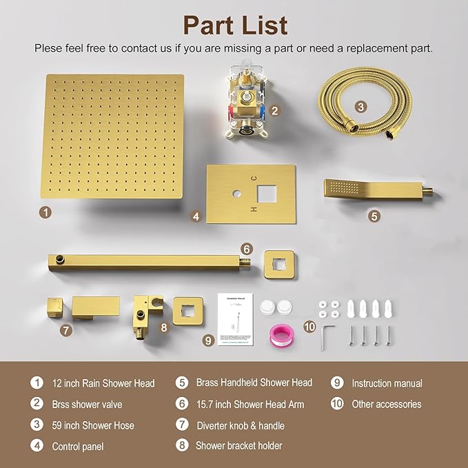 JOMEOO® 12 Inch Brushed Gold Shower System, Wall Mounted High Pressure Rain Shower Head with Handheld Sprayer, Bathroom Luxury Gold Shower Head Shower Faucet Set Rough in Valve Body and Trim