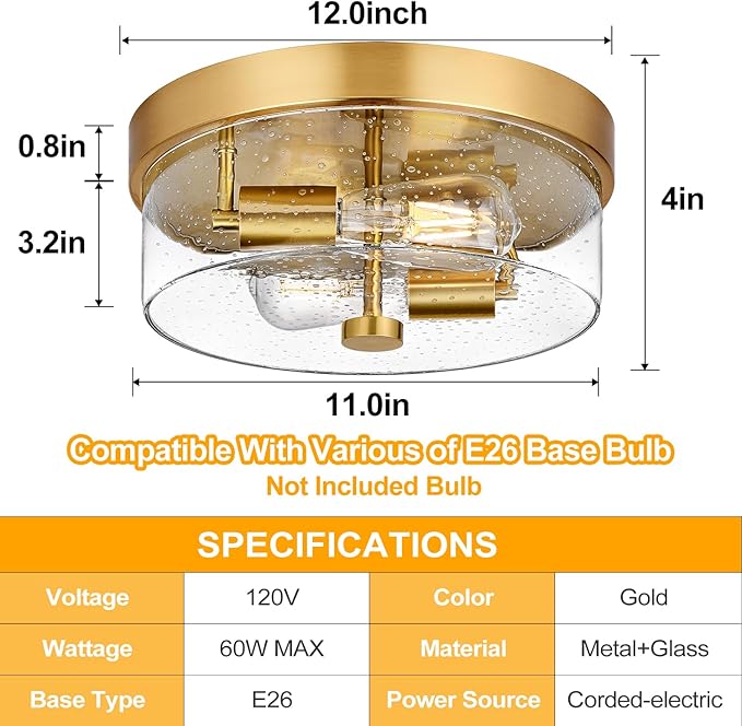 Flush Mount Ceiling Light Fixtures, 2-Light Gold Ceiling Mount for Farmhouse with Seeded Glass Lampshade, Industrial Flush Mount Light Fixture Farmhouse for Hallway, Kitchen, Entryway and Foyer